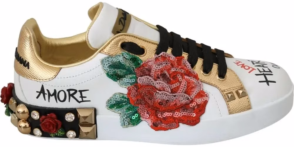Dolce & Gabbana White Roses Sequined Crystal Womens Sneakers Shoes