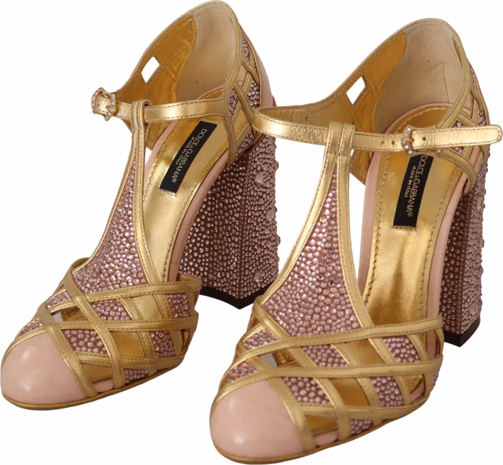 Dolce & Gabbana Pink Gold Leather Crystal Pumps T-strap Shoes