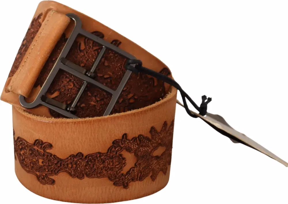 Scervino Street Brown Genuine Leather Black Logo Buckle Belt