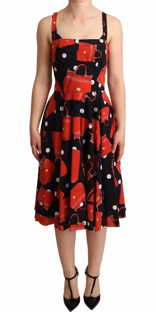 Dolce & Gabbana Black Red Bag Print A-line Mid Length Dress