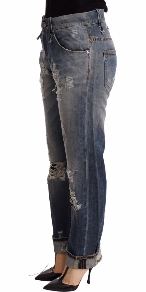 Acht Blue Tattered Mid Waist Straight Denim Trouser