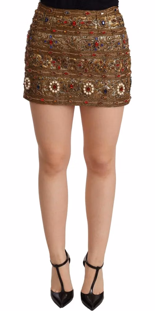 Dolce & Gabbana Gold Crystal Jacquard High Waist Skirt