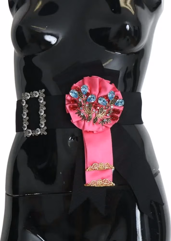 Dolce & Gabbana Black Pink Flower Brooch Crystals Cotton Belt