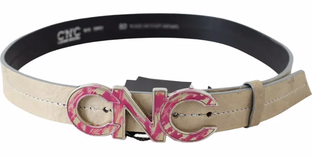 Costume National Beige Leather Pink Letter Logo Buckle Belt