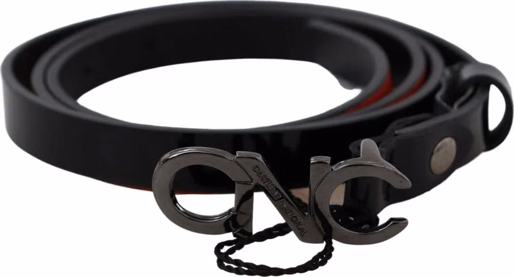Costume National Black Skinny Leather Logo Buckle Belt