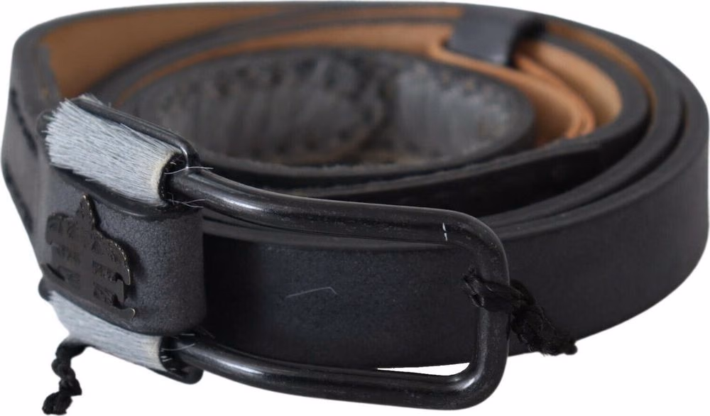 Ermanno Scervino Black Leather Fringes Logo Buckle Belt