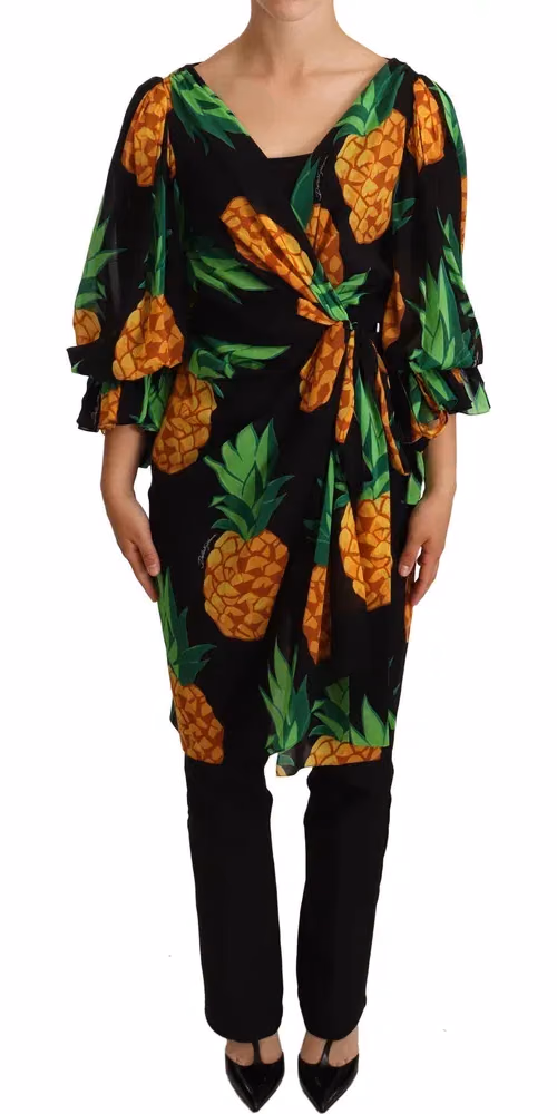 Dolce & Gabbana Black Ananas Print Wrap Stretch Silk Dress