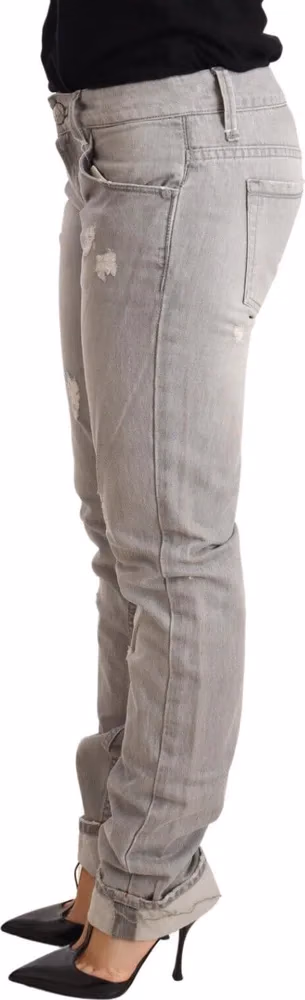 Acht Gray Tattered Cotton Slim Fit Folded Hem Women Denim Jeans
