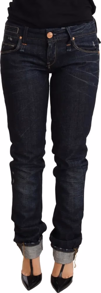 Acht Dark Blue Cotton Slim Fit Folded Hem Women Denim Trouser Jeans
