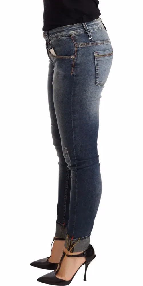 Acht Blue Washed Cotton Low Waist Skinny Denim Women Trouser Jeans