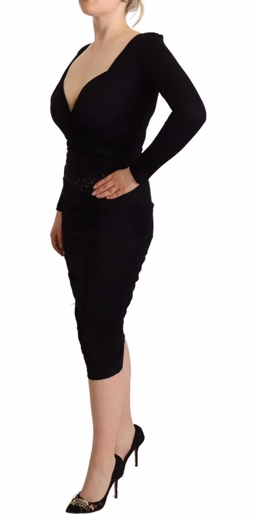 GF Ferre Black Long Sleeves Sweetheart Neck Midi Dress