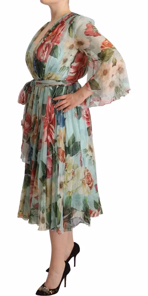 Dolce & Gabbana Green Floral Long Sleeves V-neck Midi Dress