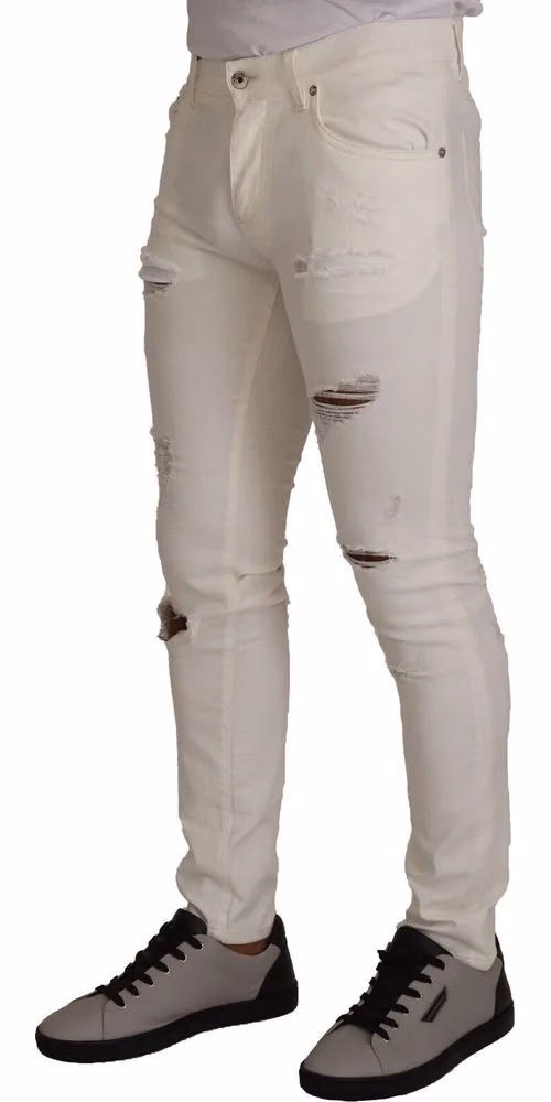 Dolce & Gabbana White Tattered Skinny Cotton Men Denim Jeans