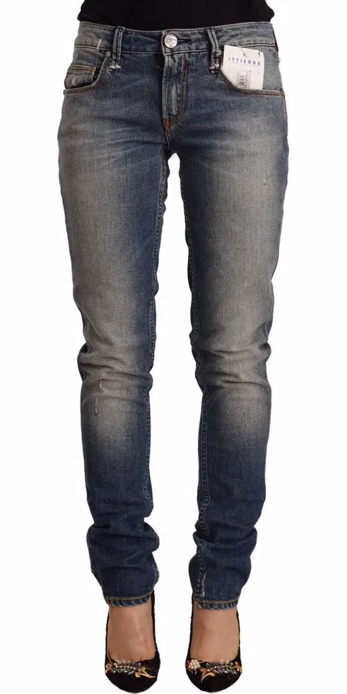 Acht Blue Washed Cotton Mid Waist Skinny Denim Jeans