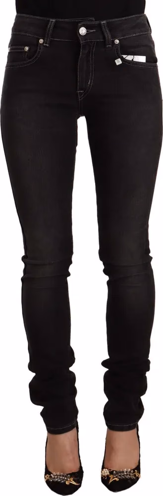 GF Ferre Black Washed Mid Waist Cotton Skinny Slim Fit Jeans