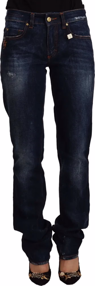 GF Ferre Dark Blue Washed Mid Waist Cotton Denim Straight Jeans