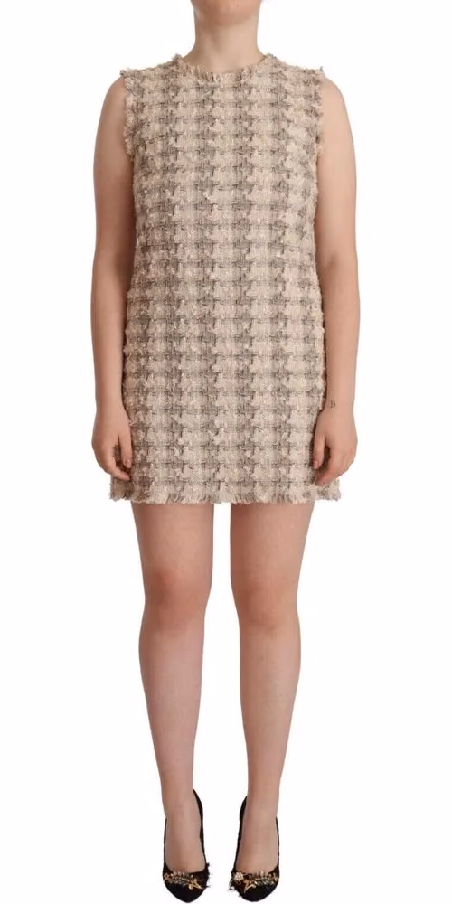Dolce & Gabbana Beige Checkered Sleeveless Mini Shift Dress
