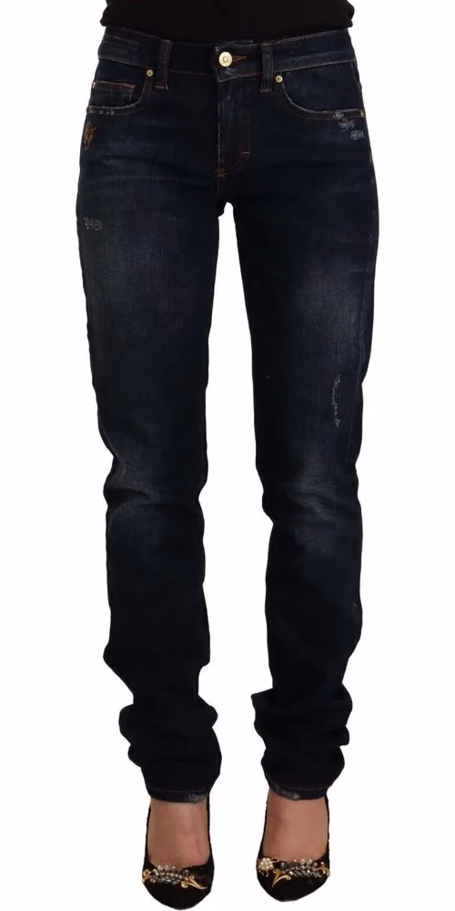 GF Ferre Dark Blue Washed Mid Waist Cotton Denim Skinny Jeans