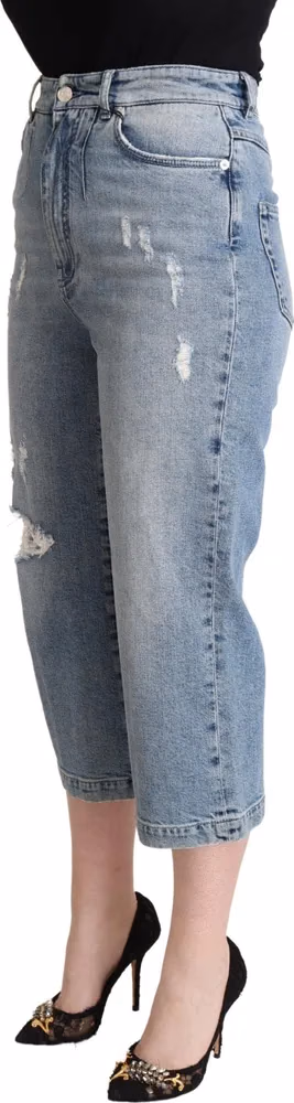 Dolce & Gabbana Blue Tattered Cotton Denim Capri Cropped Jeans
