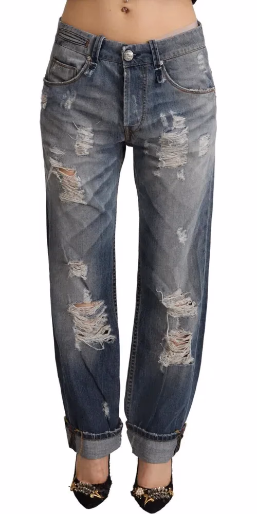 Acht Blue Tattered Mid Waist Straight Denim Cotton Jeans