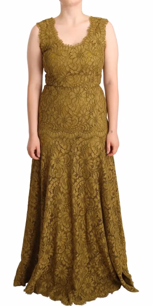 Dolce & Gabbana Brown Floral Lace Maxi Floor Length Dress
