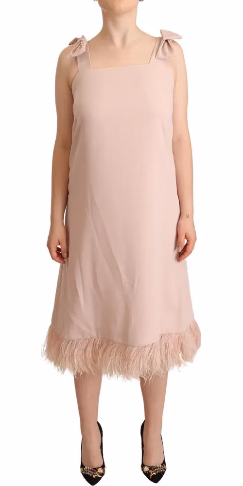 P.A.R.O.S.H. Pink Polyester Sleeveless Midi Feather Shift Dress