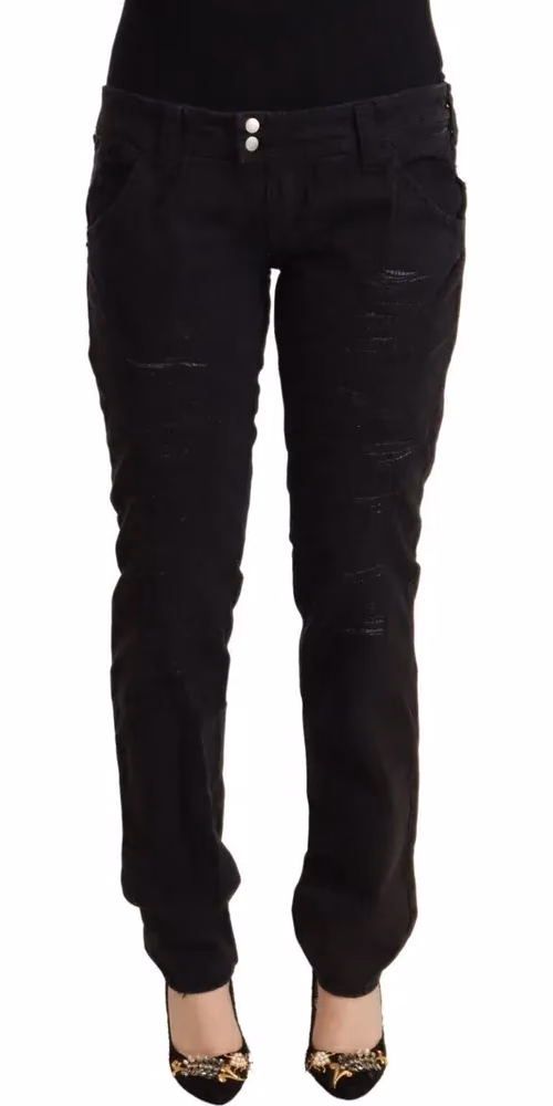CYCLE Black Cotton Distressed Low Waist Slim Fit Denim Jeans
