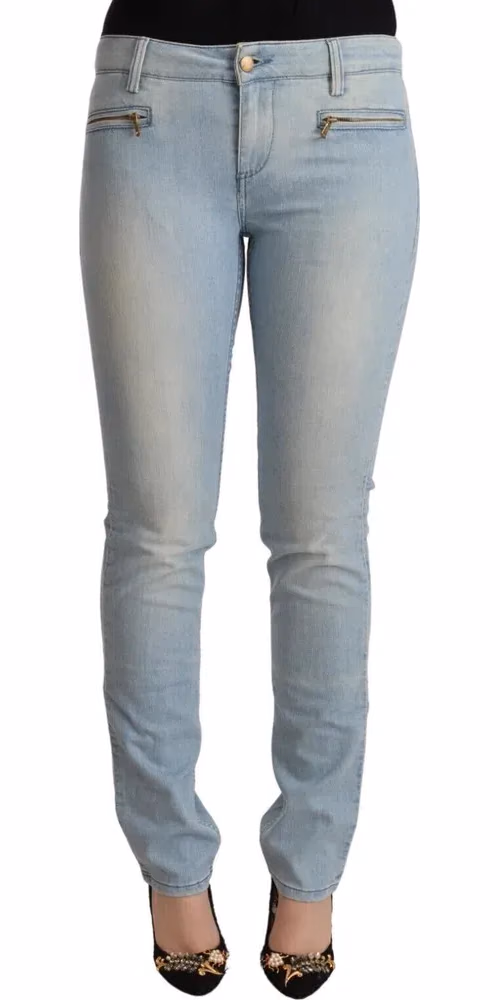 MILA SCHÖN Light Blue Cotton Mid Waist Slim Fit Denim Jeans