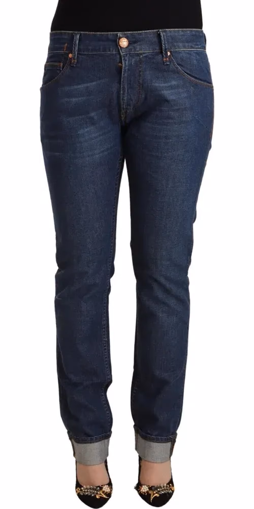 Acht Dark Blue Cotton Slim Fit Folded Hem Denim Jeans