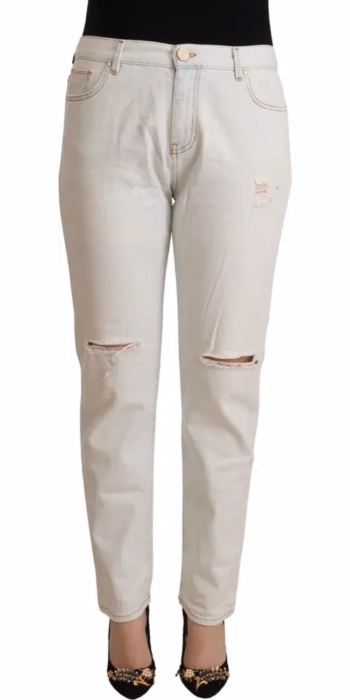 PINKO White Cotton Distressed Mid Waist Skinny Denim Jeans
