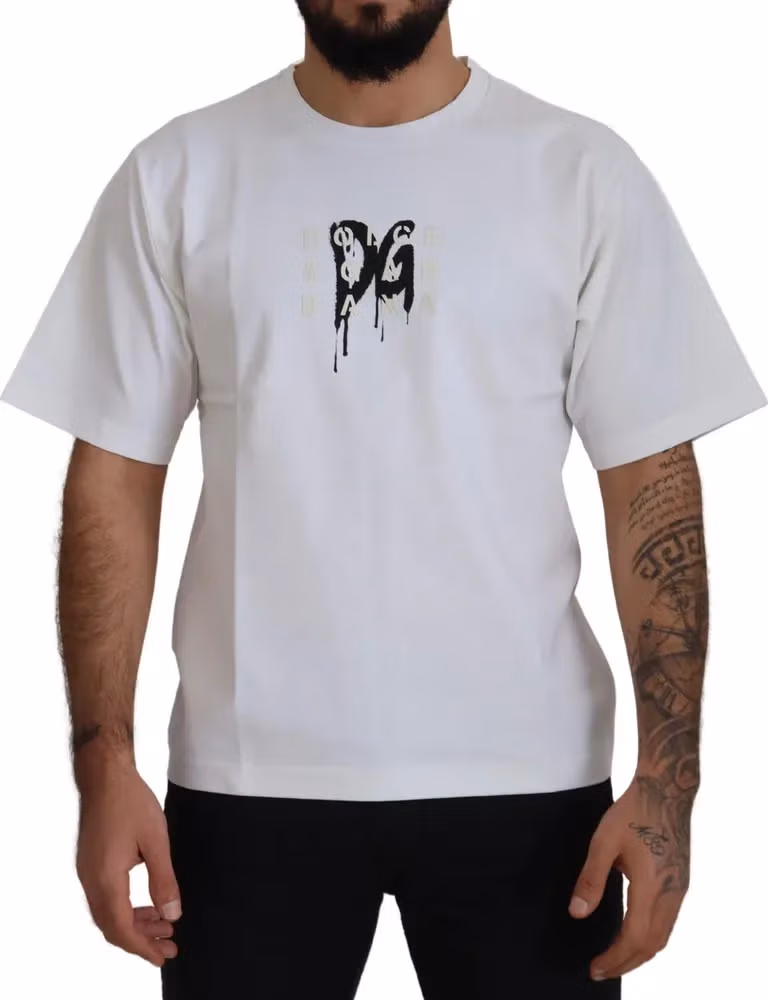 Dolce & Gabbana White Logo Print Cotton Crewneck T-shirt