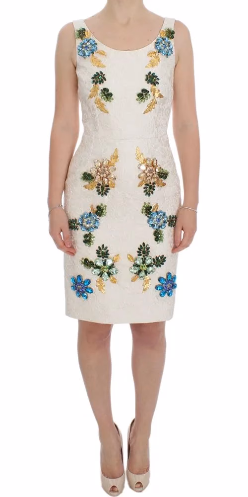 Dolce & Gabbana White Brocade Crystal Sheath Dress