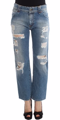 Blue Wash Cotton Boyfriend Fit Cropped Jeans