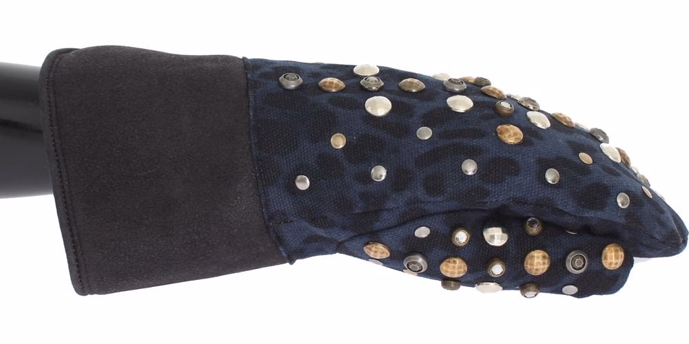 Dolce & Gabbana Gray Wool Shearling Studded Blue Leopard Gloves
