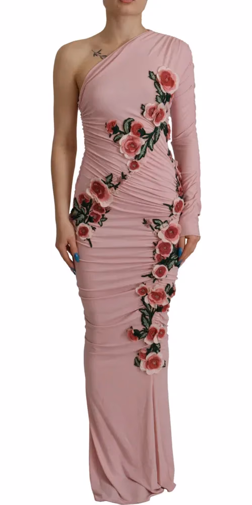 Dolce & Gabbana Pink Flower Embellished One Shoulder Dress