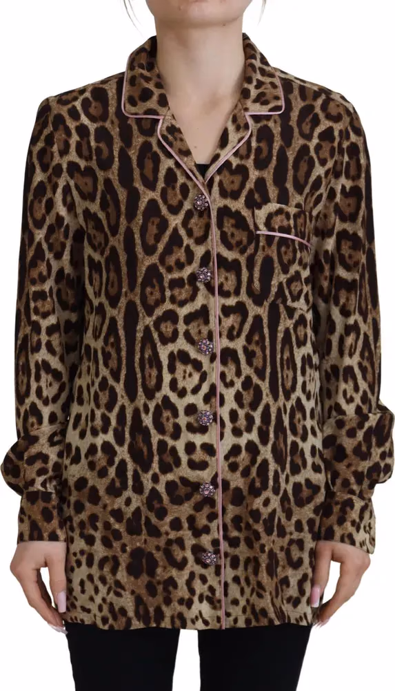Dolce & Gabbana Brown Leopard Print Long Sleeves Blouse Top
