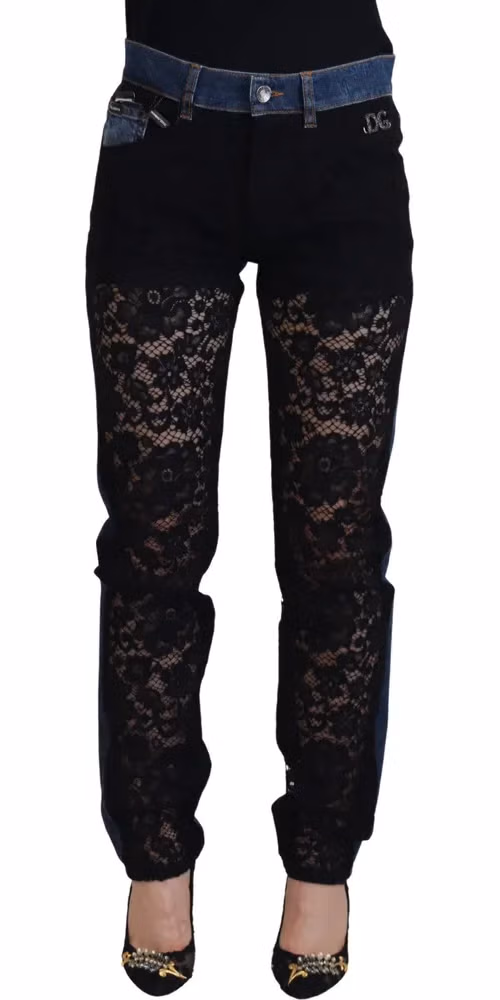 Dolce & Gabbana Black Floral Lace Front Skinny Denim Jeans