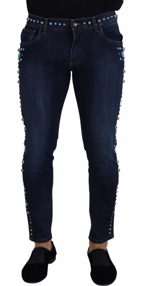 Dolce & Gabbana Blue Cotton Studded Low Waist Denim Jeans