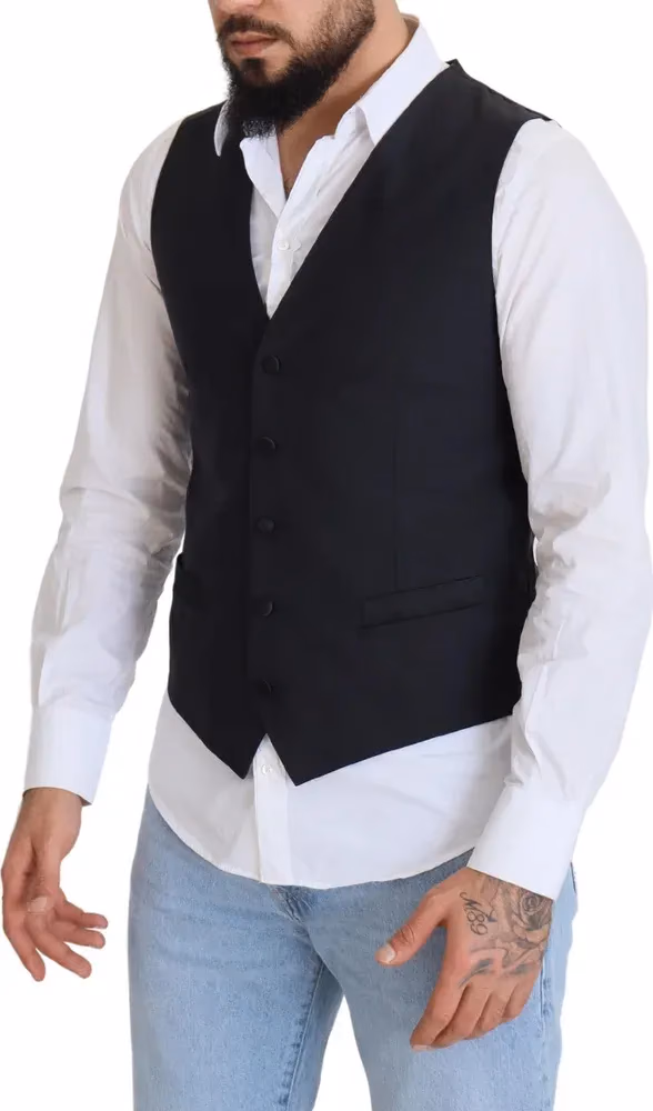 Dolce & Gabbana Dark Blue Wool Stretch Waistcoat Formal Vest