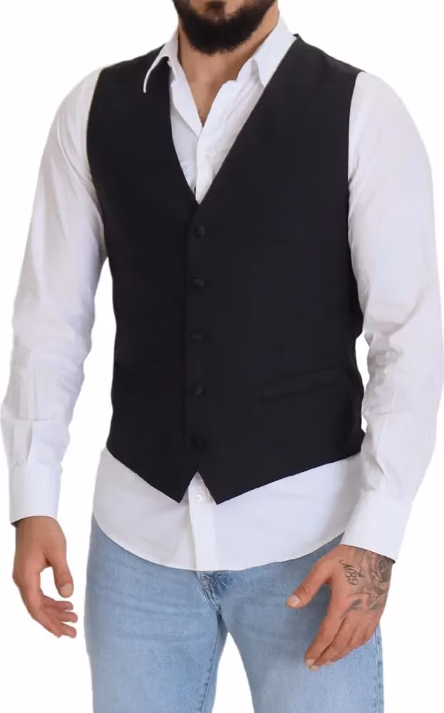 Dolce & Gabbana Dark Blue Wool Stretch Waistcoat Formal Vest