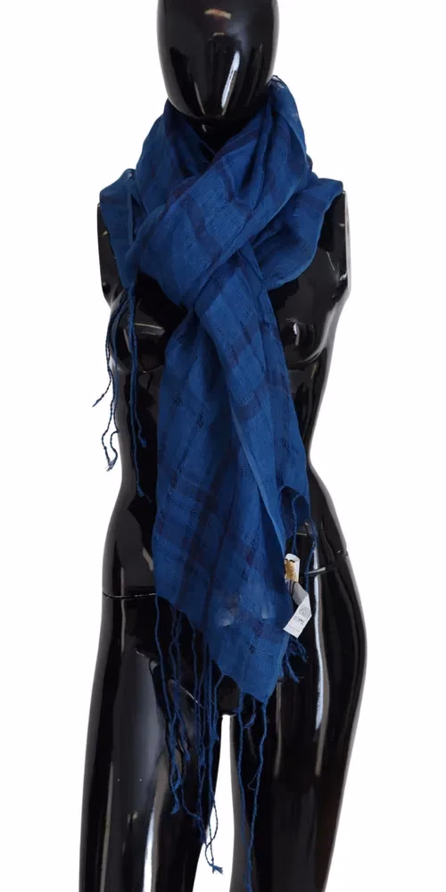 Costume National Blue Linen Shawl Foulard Fringes Scarf