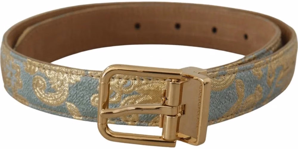 Dolce & Gabbana Blue Leather Jacquard Embossed Gold Metal Buckle Belt