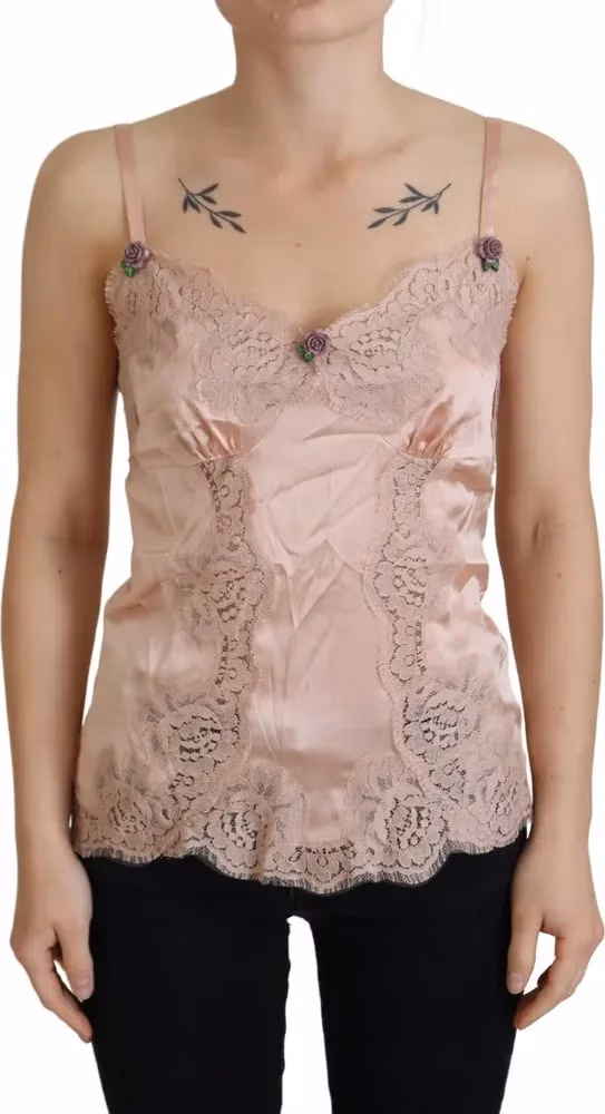 Dolce & Gabbana Pink Satin Lace Roses Tank Top Lingerie