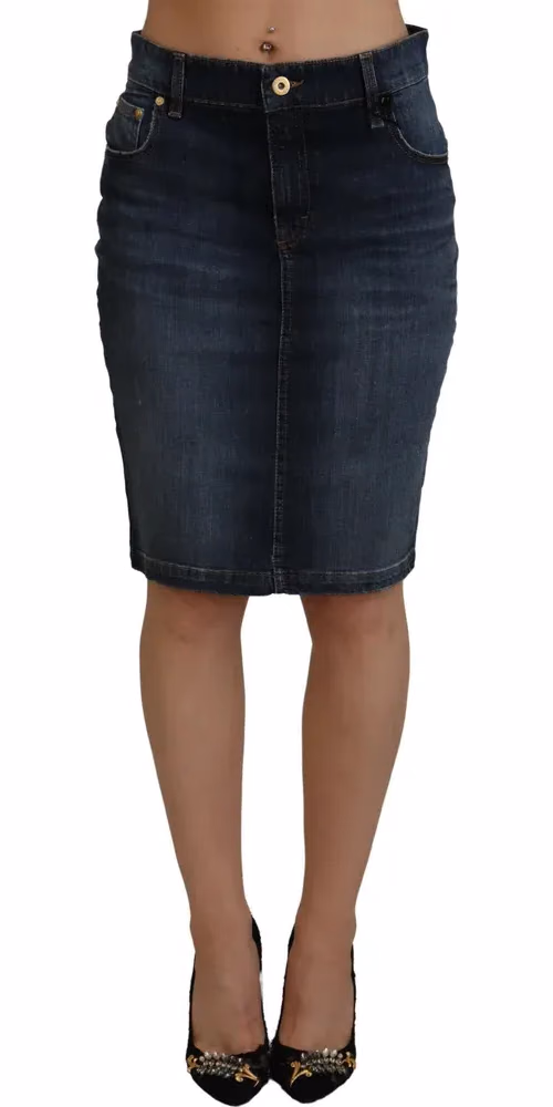 Fiorucci Dark Blue Washed Mid Waist Pencil Cut Denim Skirt