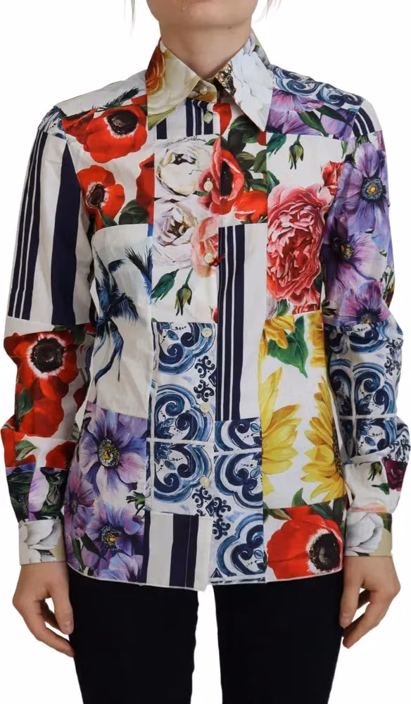 Dolce & Gabbana Multicolor Floral Cotton Collared Blouse Top