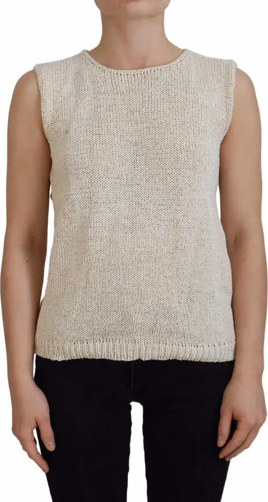 PINK MEMORIES Beige Cotton Blend Sleeveless Round Neck Tank Top