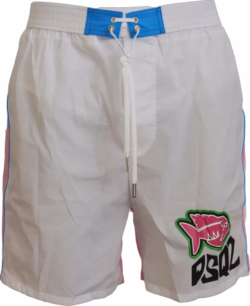 Dsquared² White Pink Logo Print Men Beachwear Shorts Swimwear