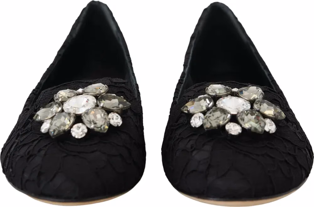 Dolce & Gabbana Black Taormina Lace Crystals Flats Shoes