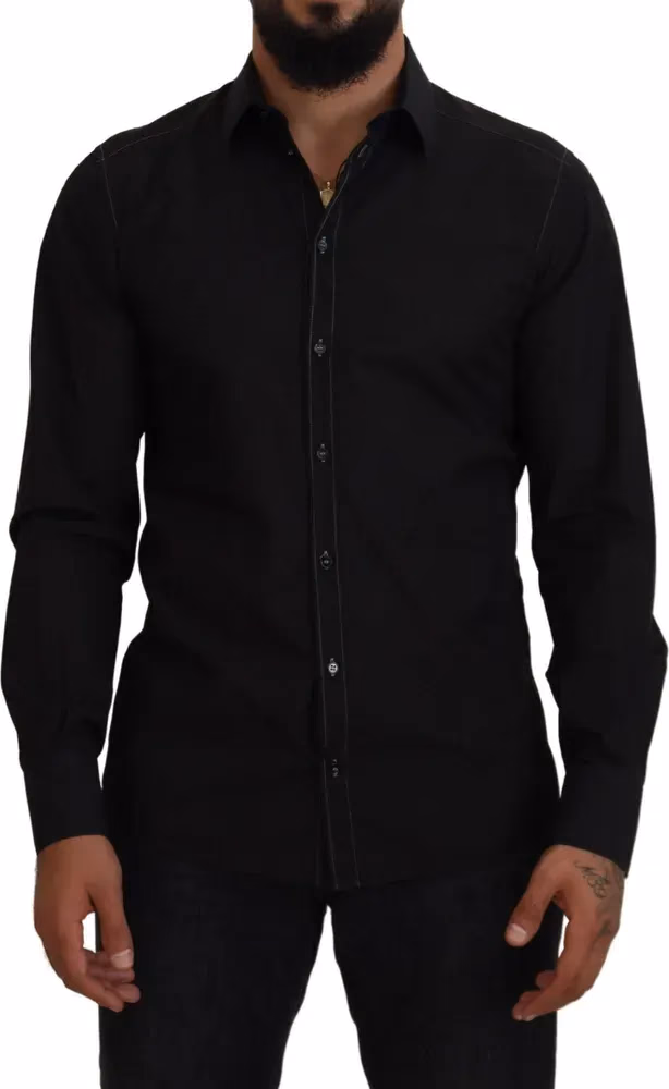 Dolce & Gabbana Black Cotton Collared Long Sleeve GOLD Shirt