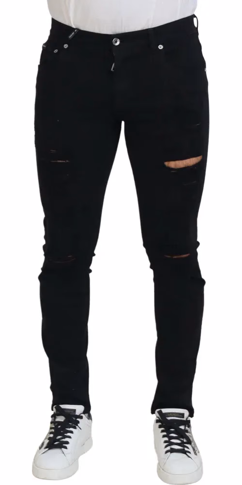 Dolce & Gabbana Black Slim Fit Tattered Denim Cotton Jeans
